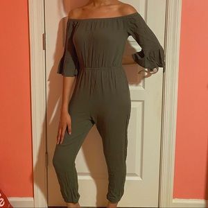 SOLD Olive Green Off the Shoulder Jumpsuit Romper